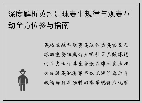 深度解析英冠足球赛事规律与观赛互动全方位参与指南 深度解析英冠足球赛事规律与观赛互动全方位参与指南